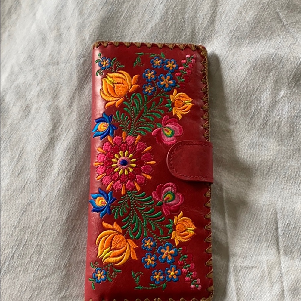 Red leather embroidered wallet